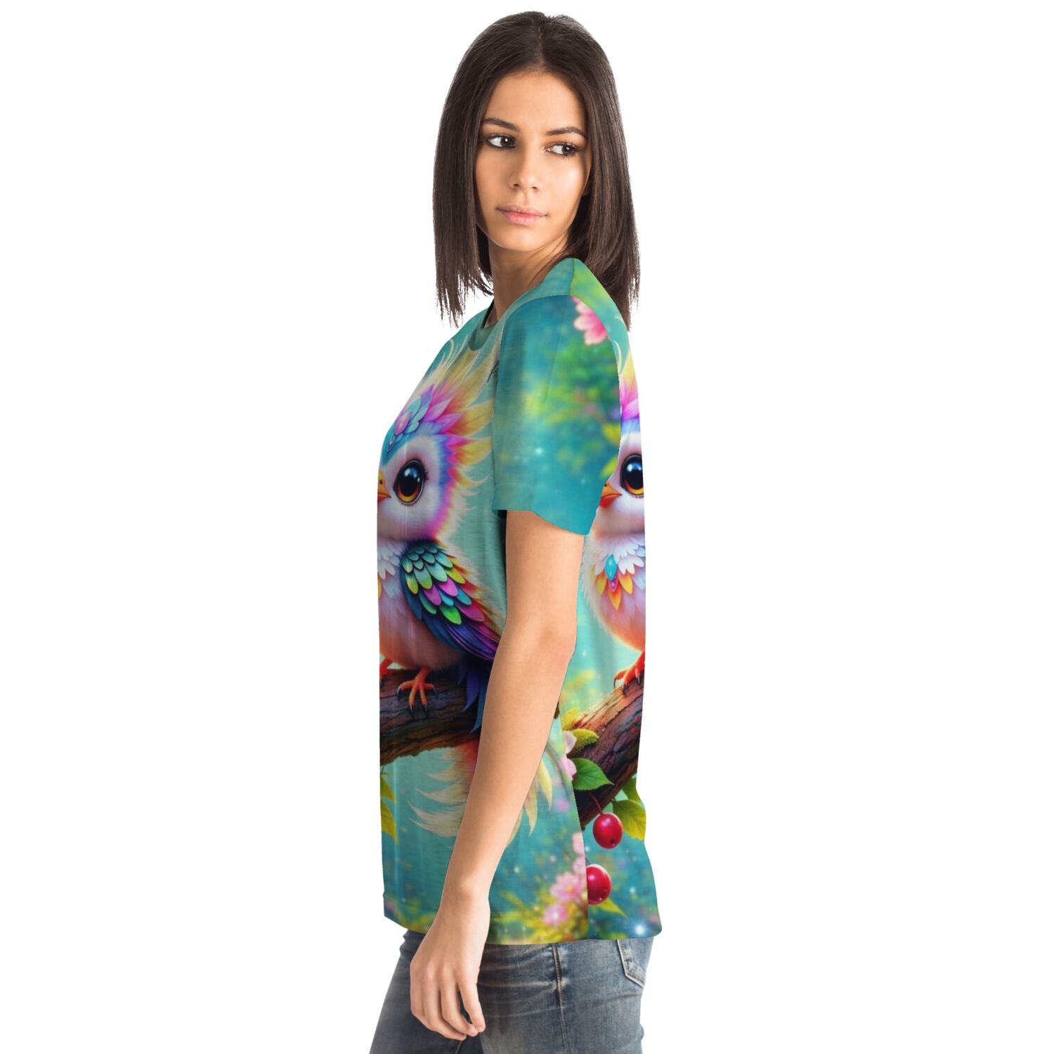Frau trägt Dreamer T-Shirt mit buntem Eulen-Motiv im Stil von Malen nach Zahlen und Diamond Painting Designs