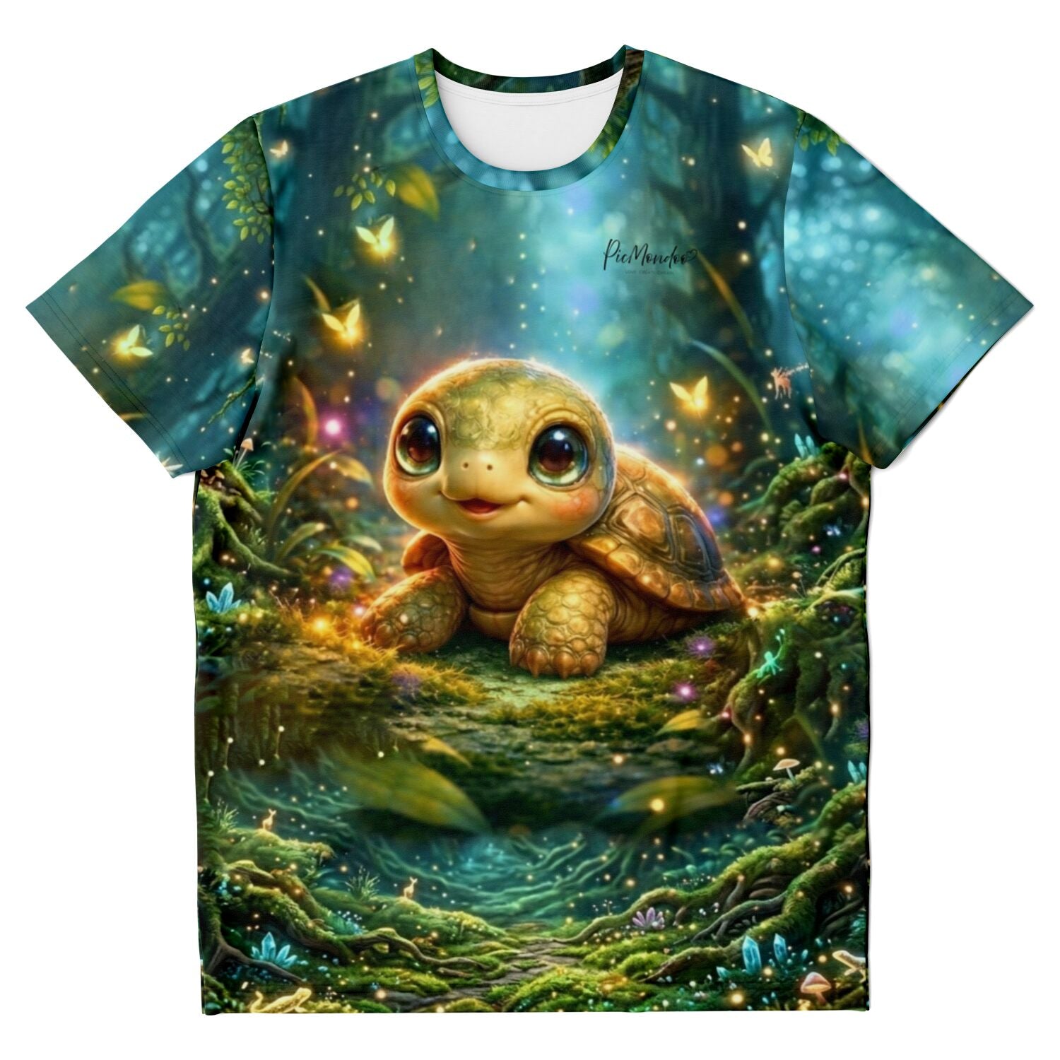 T-Shirt mit süßem Schildkröten-Motiv aus der magischen Picmondoo Diamond Painting Kollektion im Wald-Design