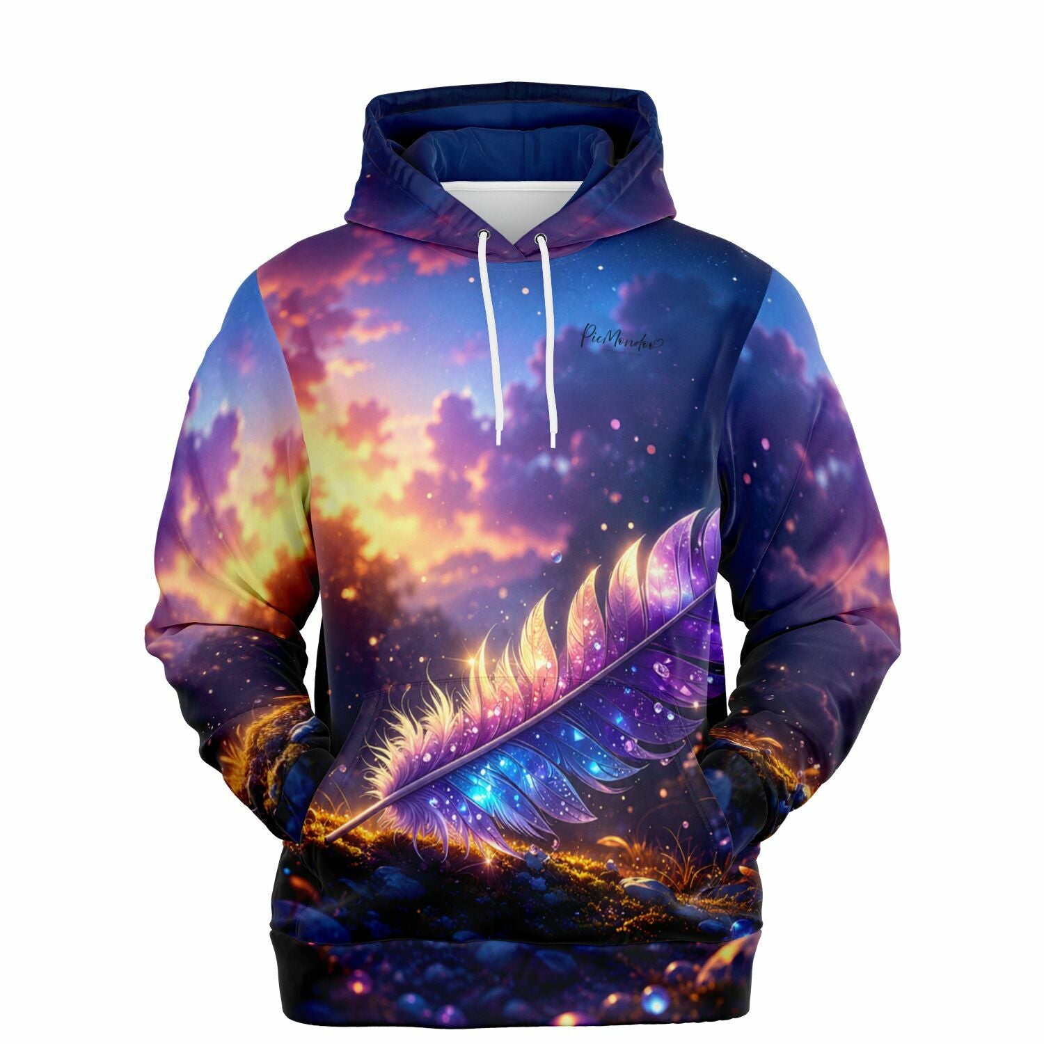 Dreamer Hoodie mit Feder im Sternenlicht Motiv, farbenfroher Allover-Druck im Stil von Diamond Painting Kunstwerken