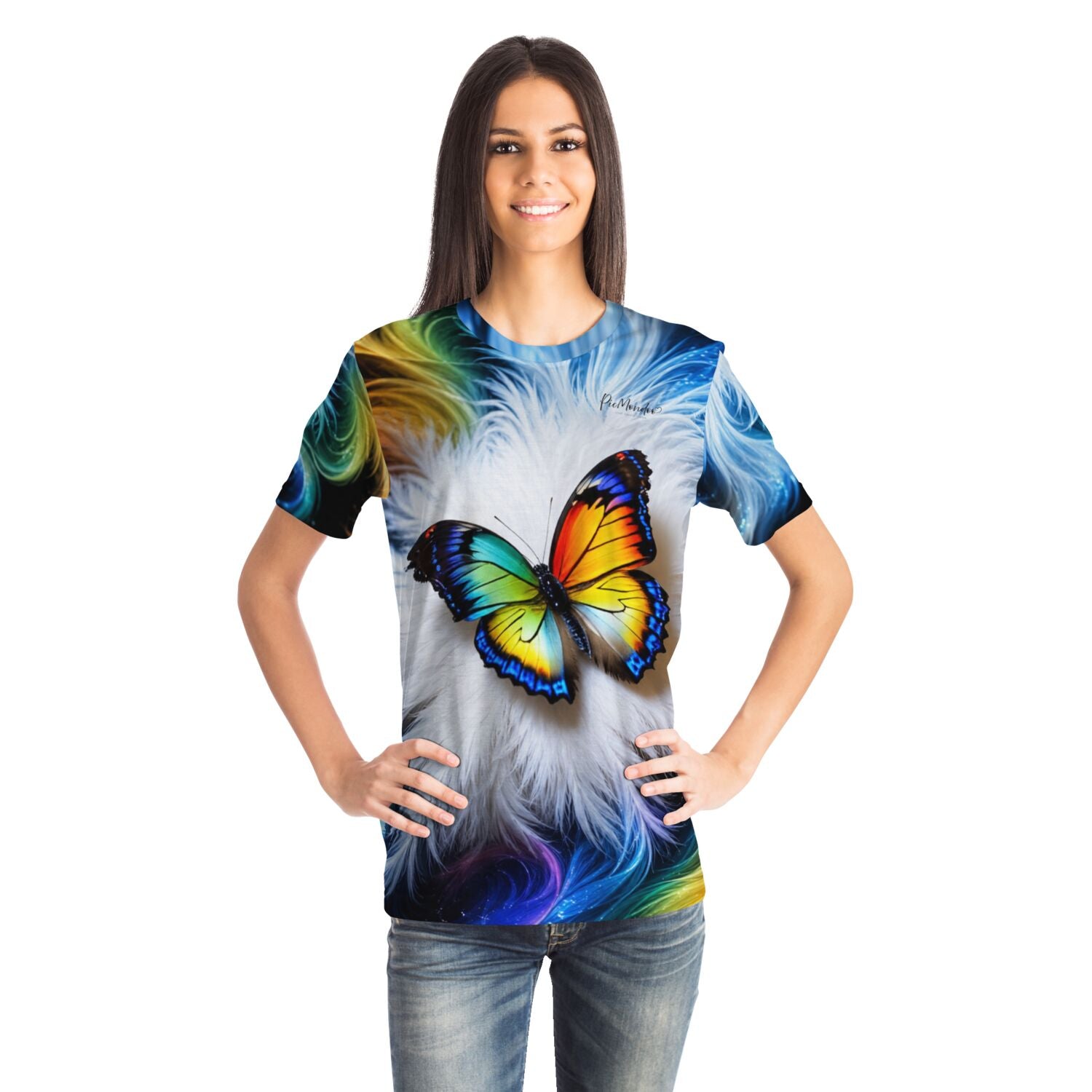 Frau trägt Dreamer T-Shirt mit buntem Schmetterling Motiv im Stil von Diamond Painting und Malen nach Zahlen Kunstwerken