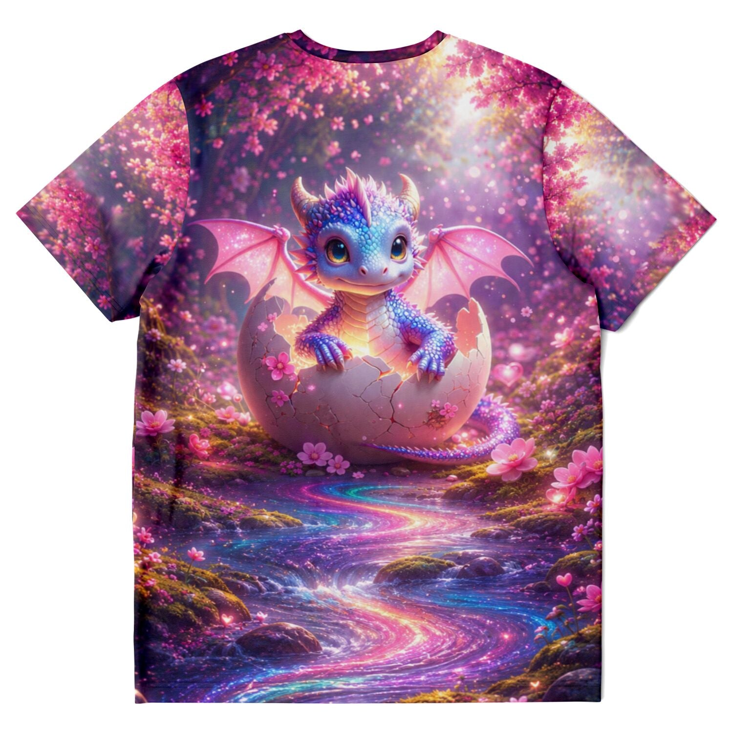 Dreamer T-Shirt mit buntem Drachen-Motiv in magischer Blumenlandschaft, ideal als Diamond Painting oder Malen nach Zahlen