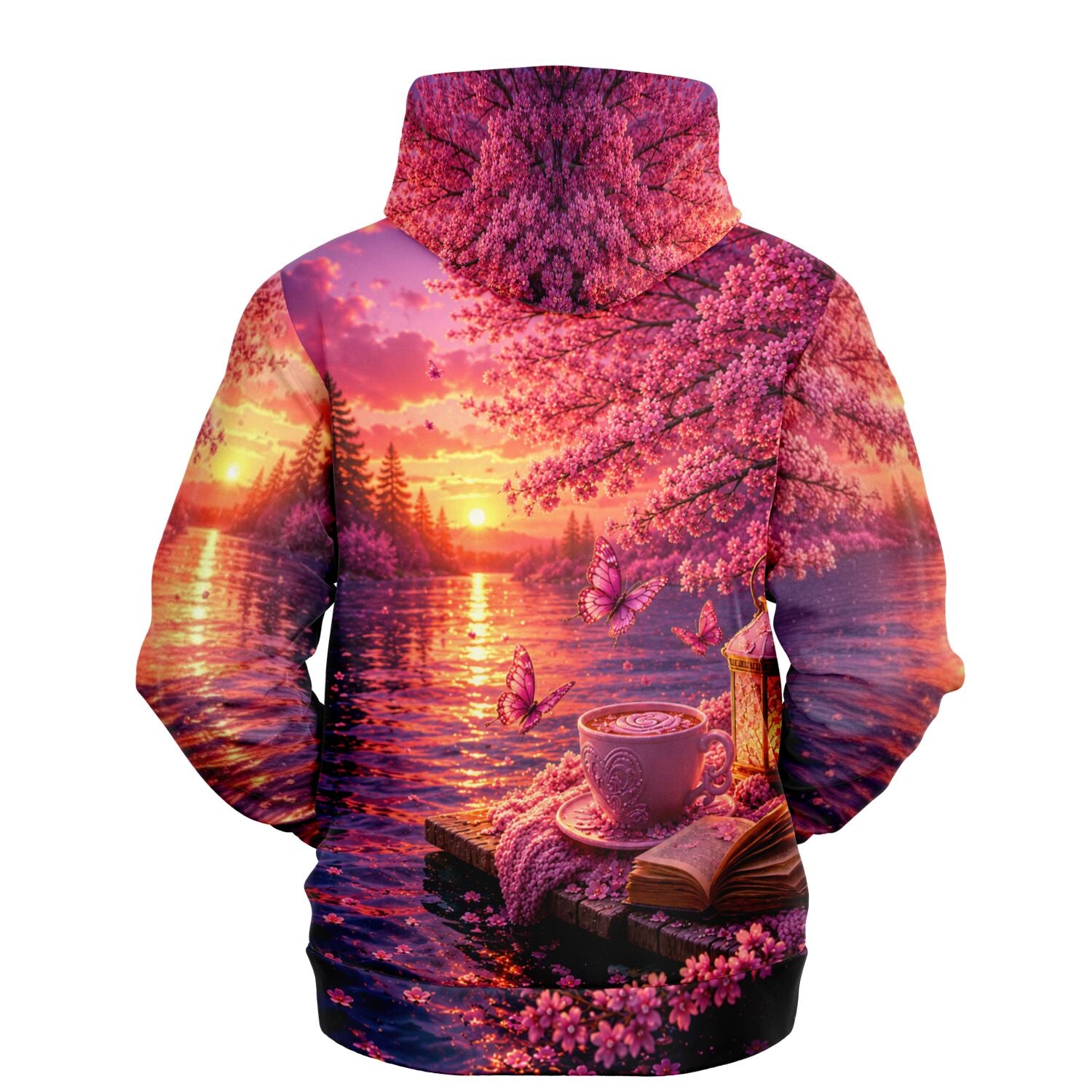 Dreamer Hoodie mit stimmungsvollem Motiv: Kaffeetasse, Buch, Schmetterlinge und Kirschblüten am See bei Sonnenuntergang.