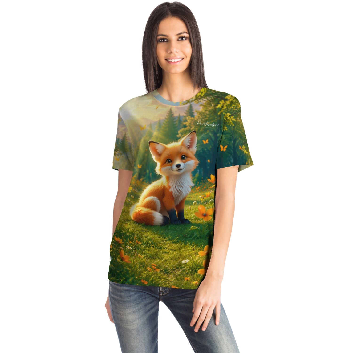 Frau trägt Dreamer T-Shirt mit süßem Fuchs-Motiv, inspiriert von Diamond Painting und Malen nach Zahlen Designs