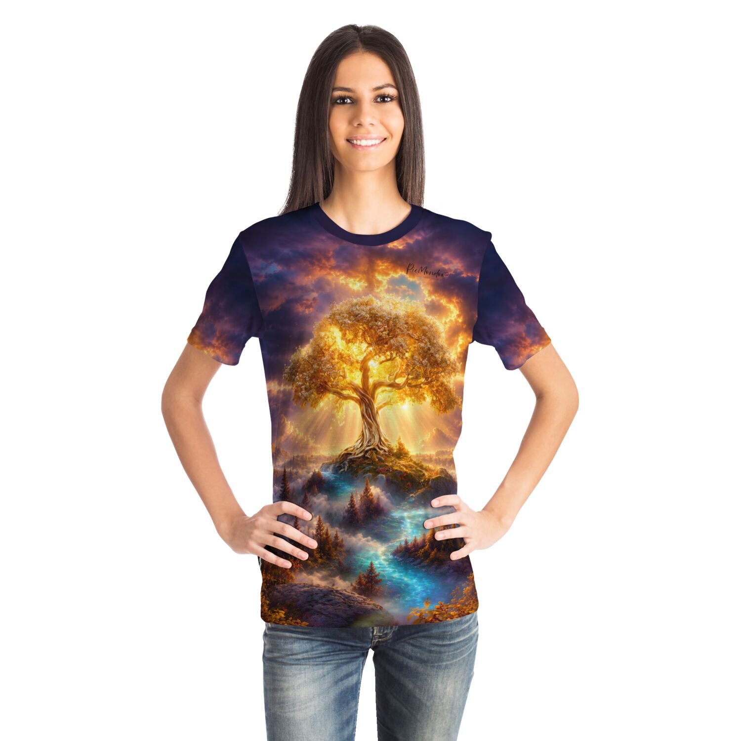 Frau trägt Dreamer T-Shirt mit goldenem Weltenbaum Motiv, inspiriert von Diamond Painting und Malen nach Zahlen Kunst.