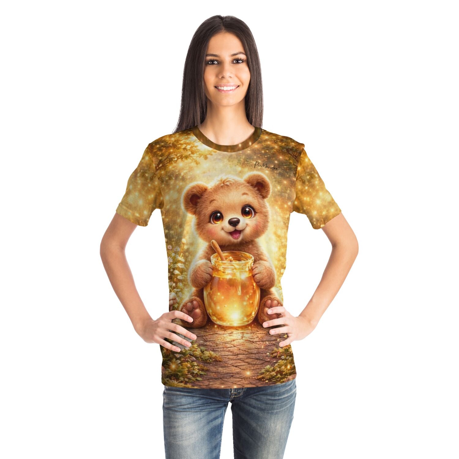 Frau trägt T-Shirt mit süßem Bären-Motiv im Diamond Painting Stil, goldenes Honigtopf-Design für Kreativ-Fans
