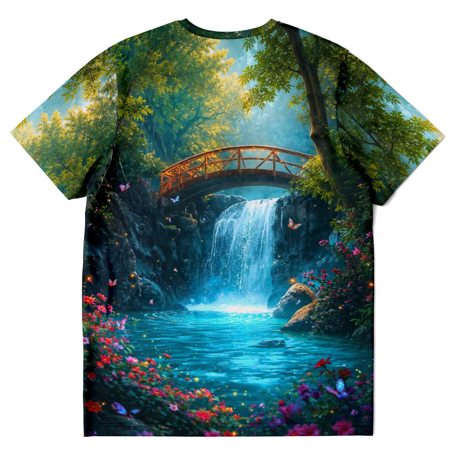 T-Shirt mit Brücke der Träume Motiv, inspiriert von Diamond Painting und Malen nach Zahlen Stil mit Wasserfall-Design.