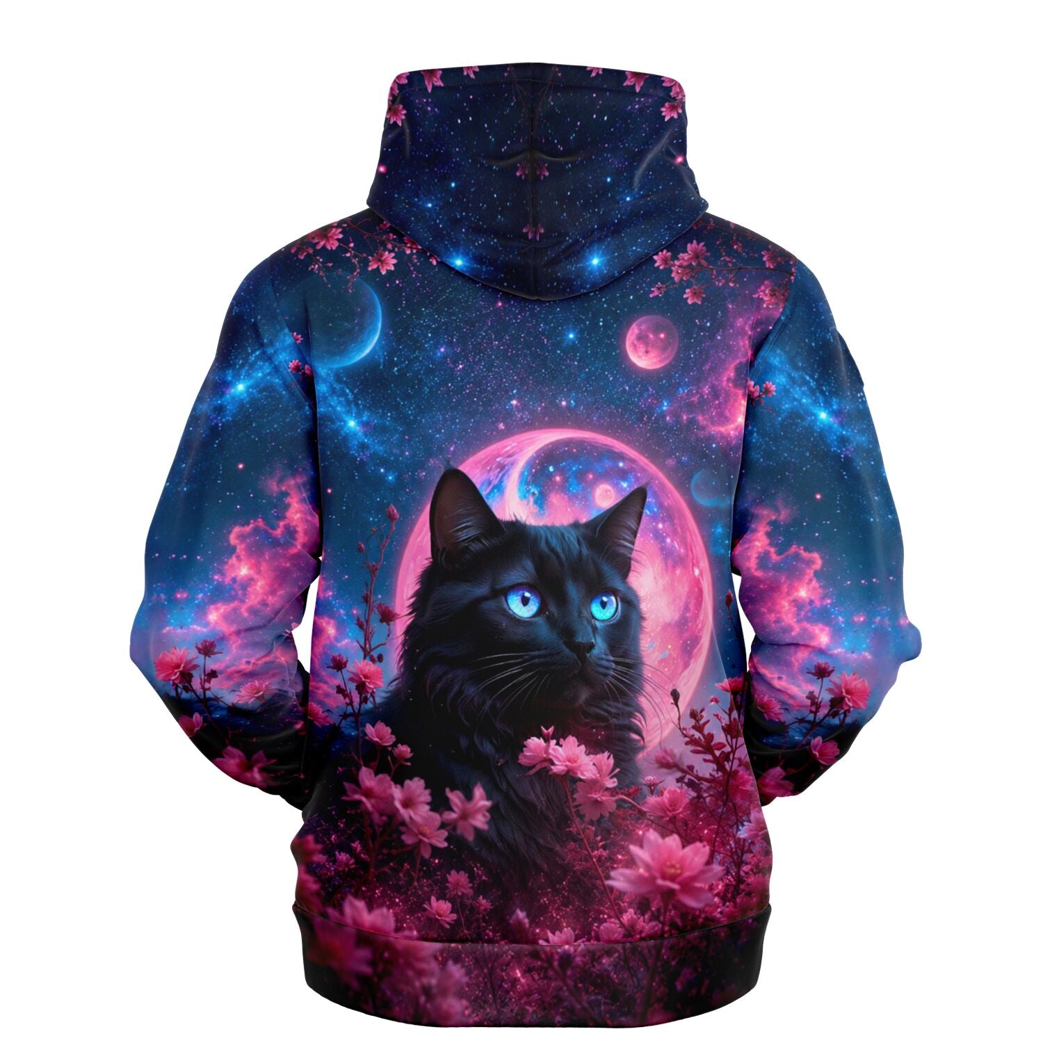 Dreamer Hoodie mit Nacht aus Samt Katzenmotiv, sternenklarem Weltraum-Hintergrund und pinken Blüten im AOP-Design