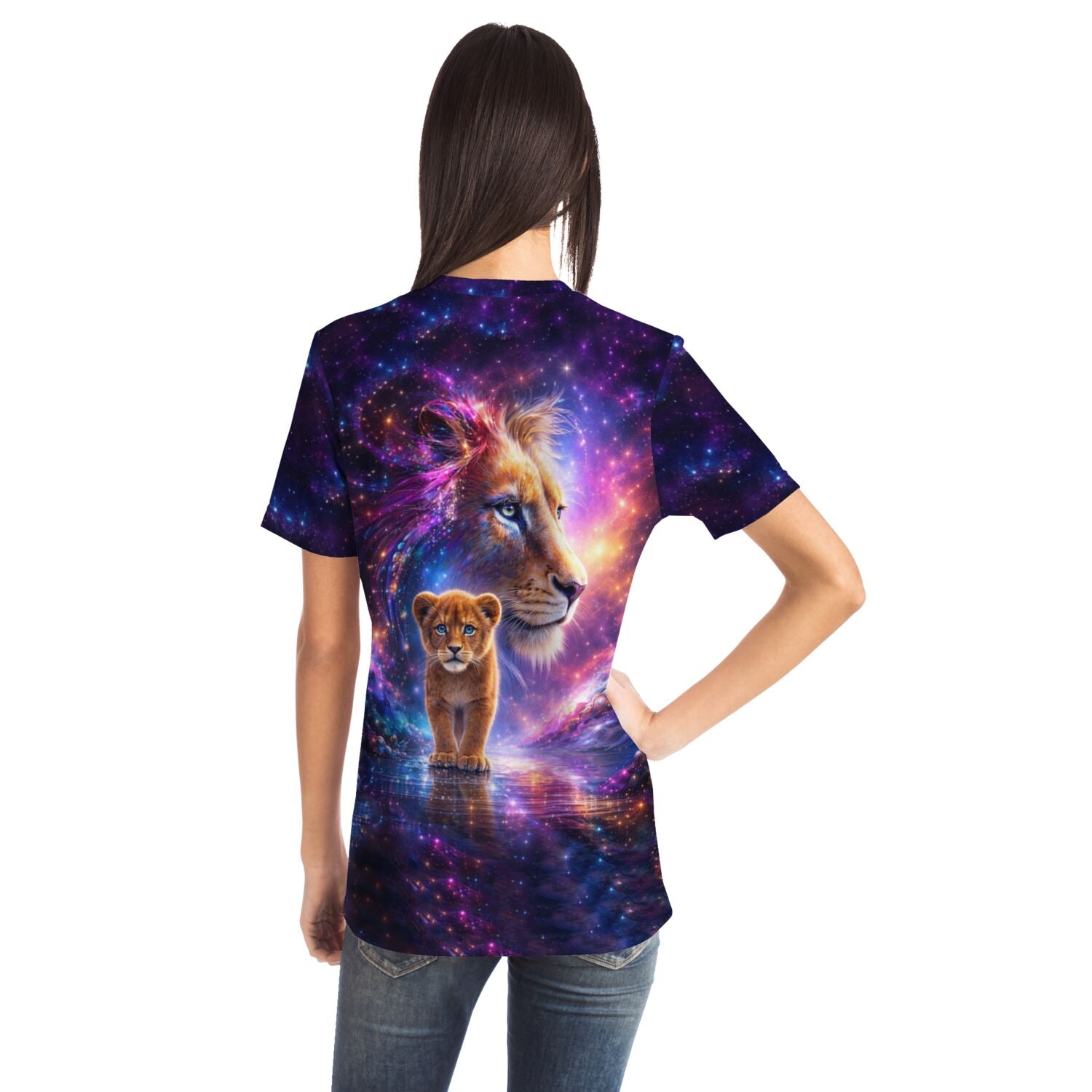 T-Shirt mit Löwe und Löwenbaby im Galaxie-Design für Fans von Diamond Painting und Malen nach Zahlen Motiven