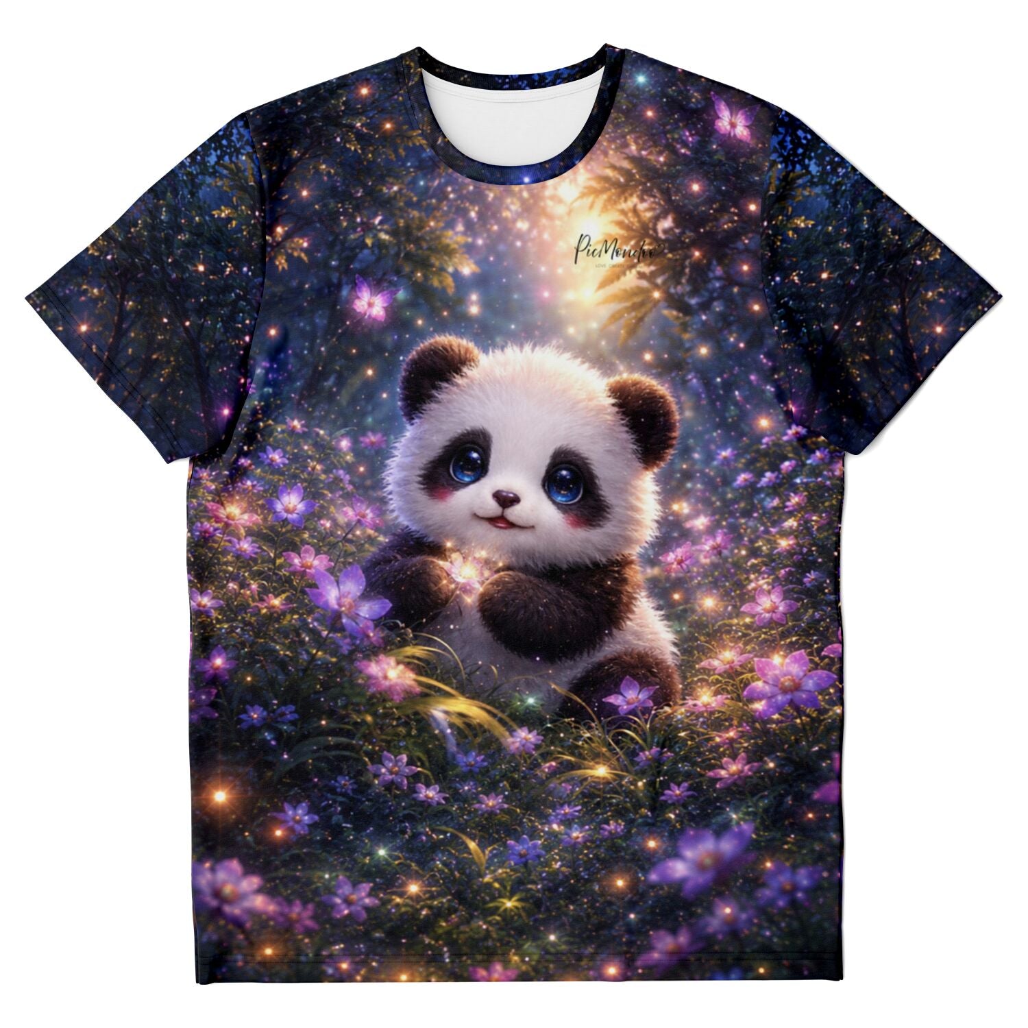 T-Shirt mit süßem Panda im magischen Blumenwald, beliebtes Diamond Painting Motiv in leuchtenden Farben