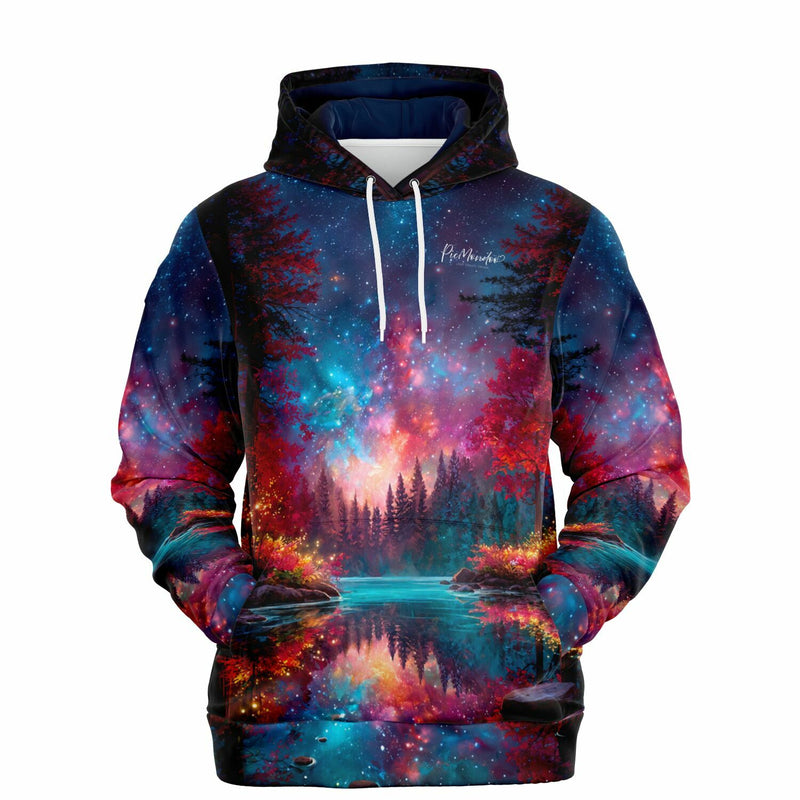 Dreamer Hoodie mit farbenfrohem Galaxy-Motiv, Wald und See, inspiriert von Diamond Painting und Malen nach Zahlen Kunst
