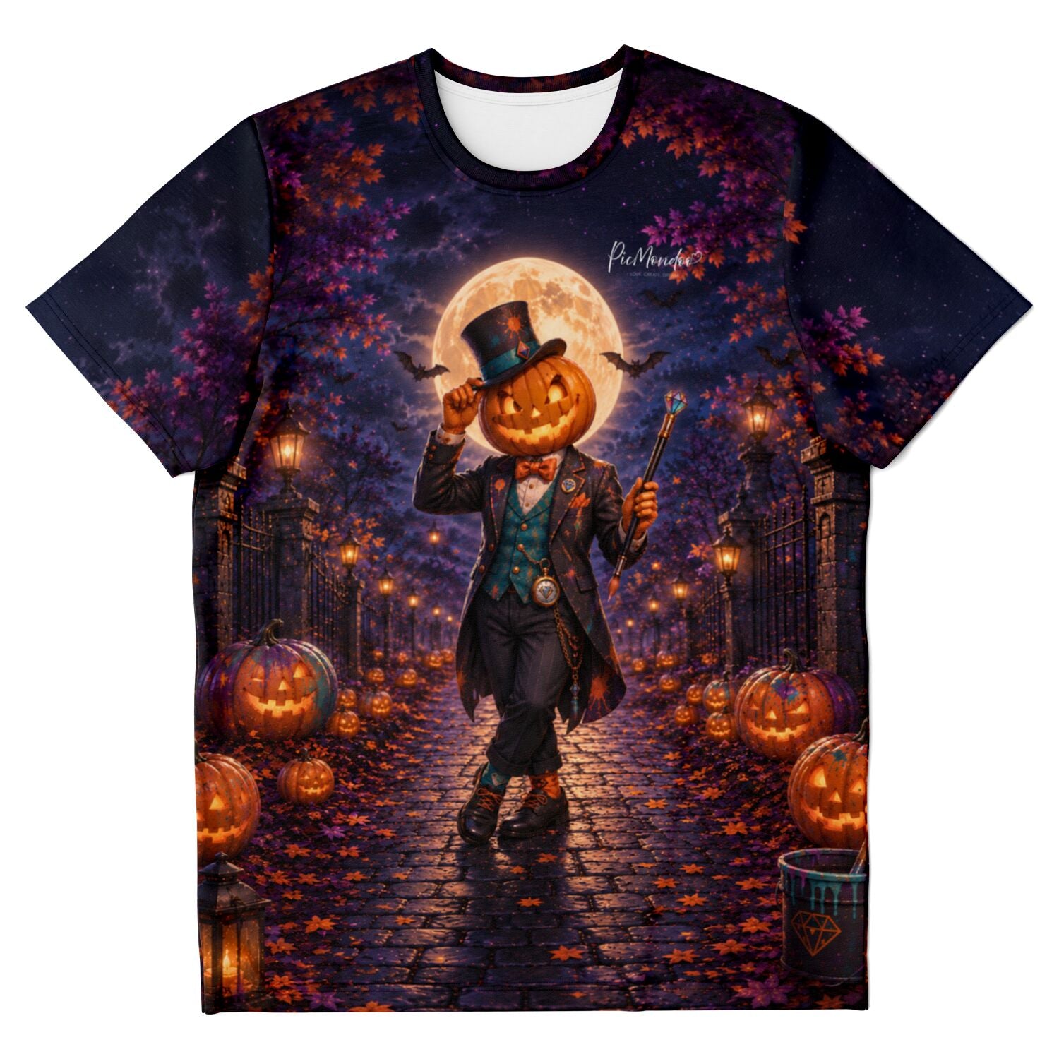 T-Shirt mit Herbstnacht-Motiv: Kürbiskopf-Gentleman bei Vollmond, passend zum Stil unserer Diamond Painting Sets