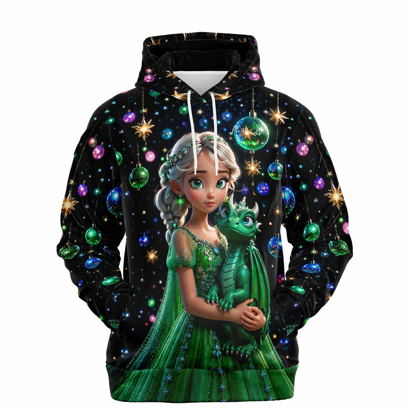 Schwarzer Dreamer Hoodie mit Dragon Girl und leuchtenden Weihnachtskugeln im Stil unserer beliebten Diamond Painting Sets